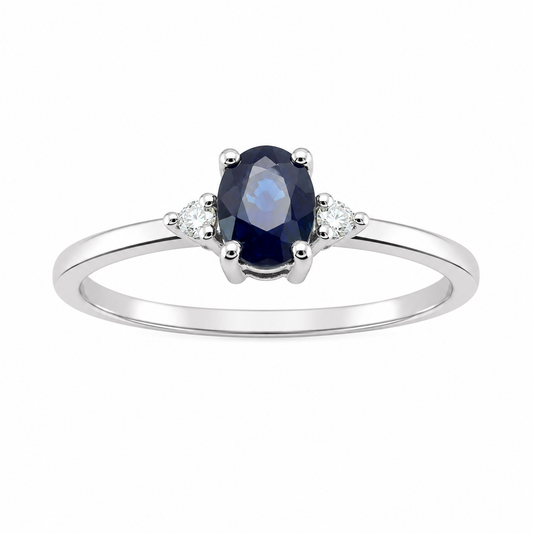 Anillo con zafiro azul ovalado 3x5mm y 2 diamantes naturales