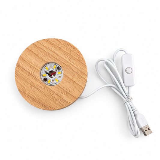 Base Redonda de Madera con Luz LED y Cable USB 10 x 2 cm