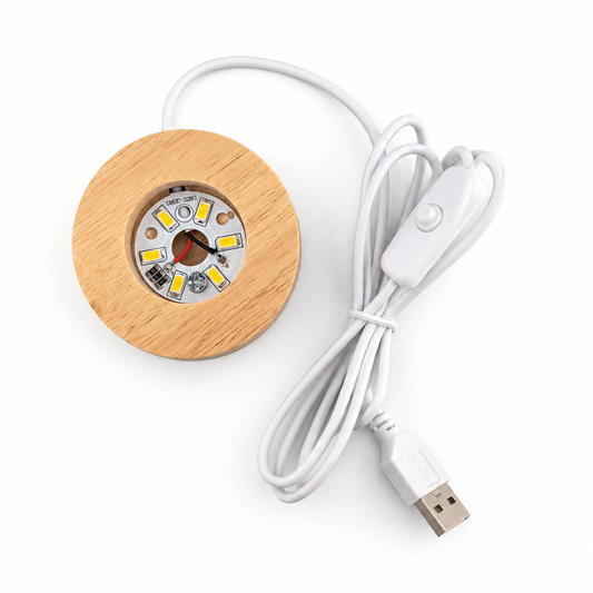 Base Redonda de Madera con Luz LED y Cable USB 6 x 2 cm