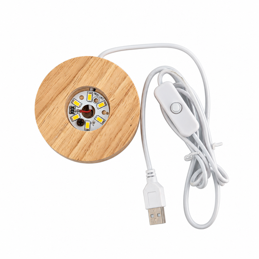 Base Redonda de Madera con Luz LED y Cable USB 8 x 2 cm