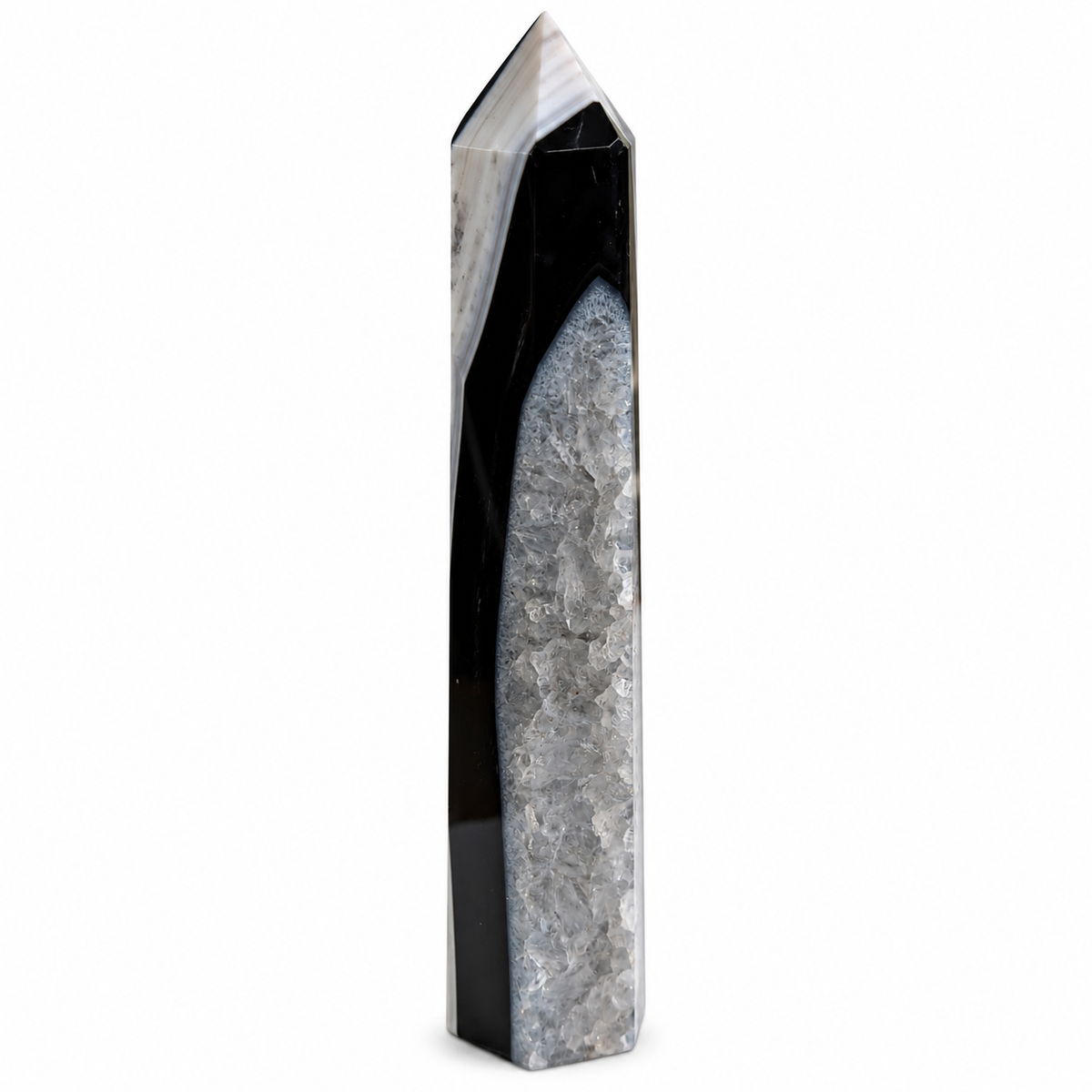 Obelisco de Ágata Negra con Cuarzo 14.3 x 3 cm